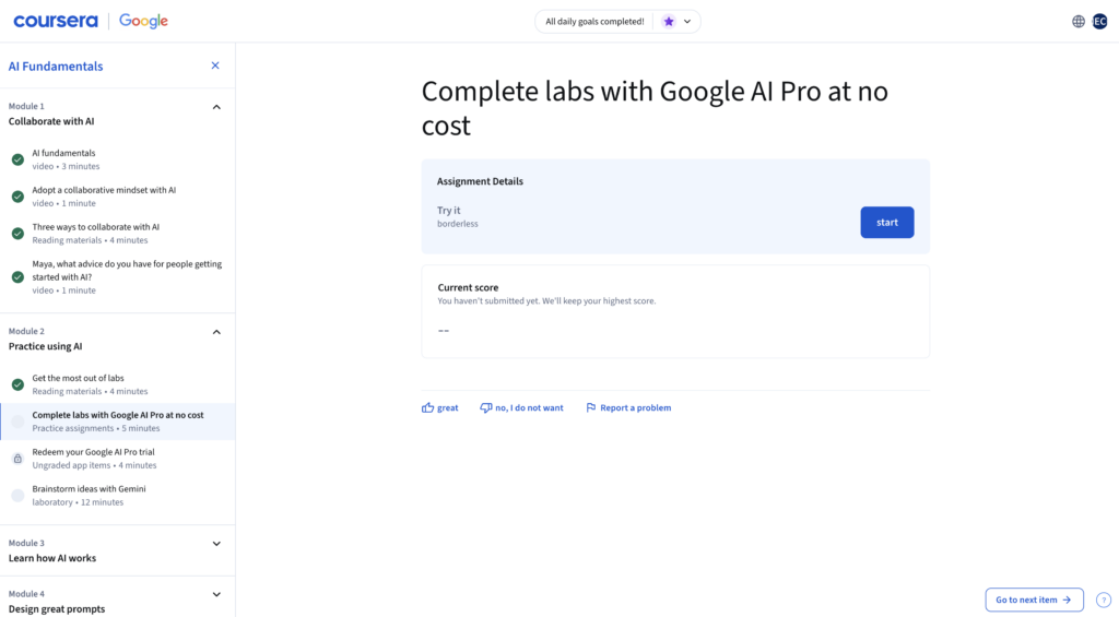 Starting the Google AI Pro lab assignment