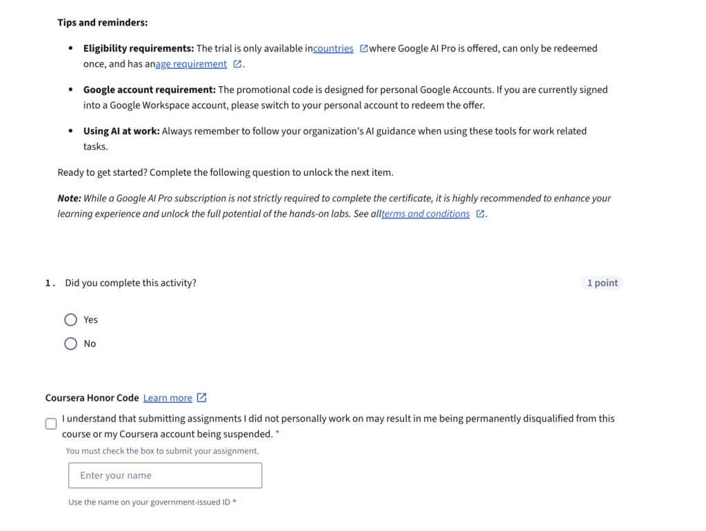 Agreeing to the Coursera Honor Code