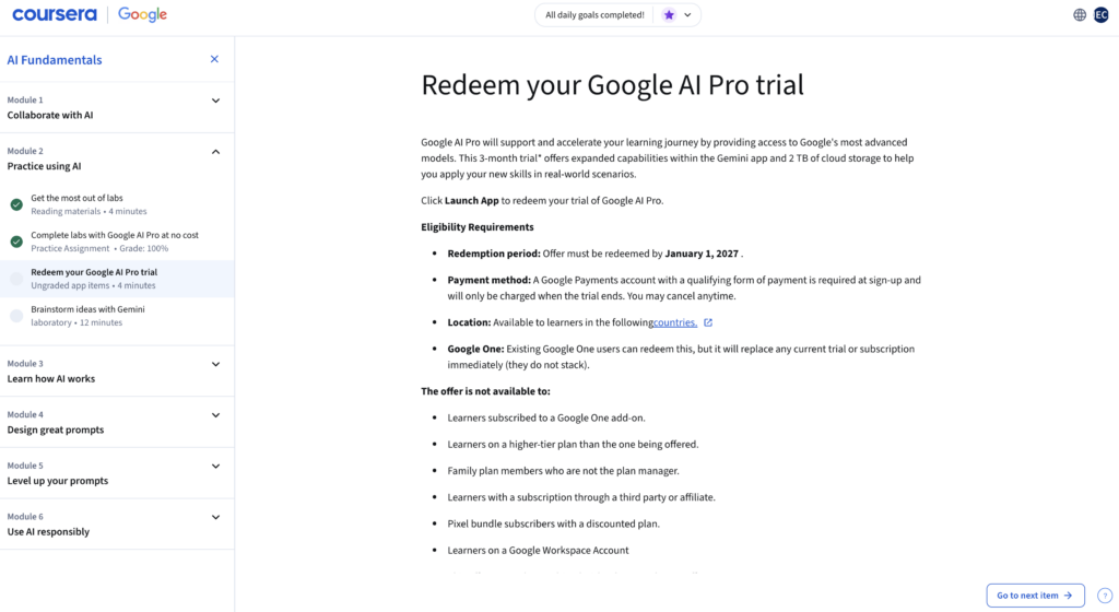 Redemption instructions for the Gemini Pro free trial