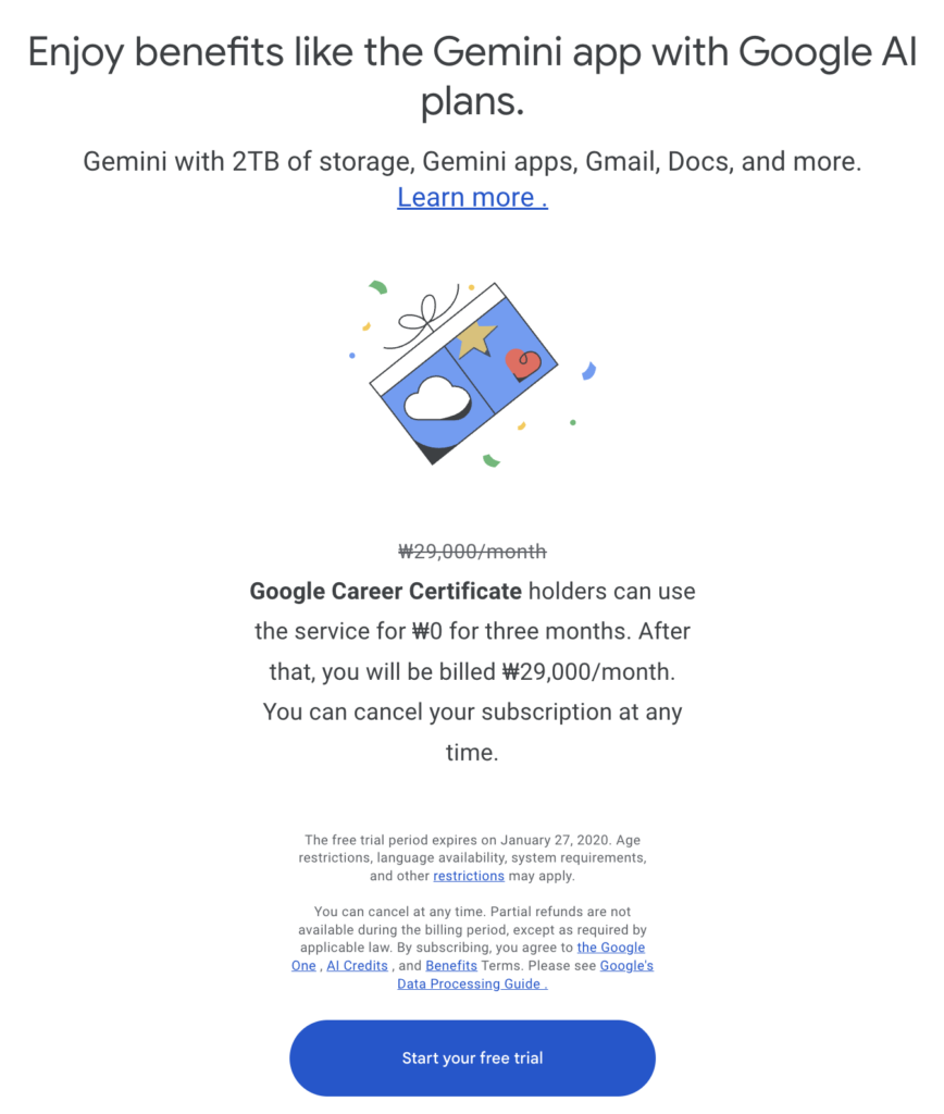Activating the Gemini Pro free trial on Google One page