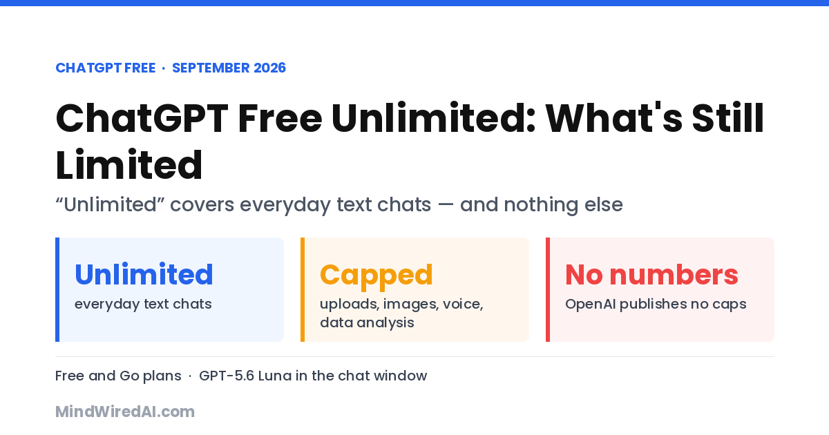 ChatGPT Free unlimited explained: unlimited everyday text chats, capped uploads, images and voice, no published limit numbers