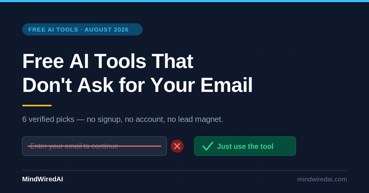 Free AI tools that need no email: roundup card for six no-signup AI tools
