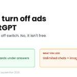 ChatGPT ads off switch explainer showing the trade-off between an ad-free free plan and unlimited text chats.