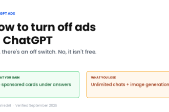 ChatGPT ads off switch explainer showing the trade-off between an ad-free free plan and unlimited text chats.