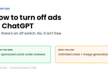 ChatGPT ads off switch explainer showing the trade-off between an ad-free free plan and unlimited text chats.